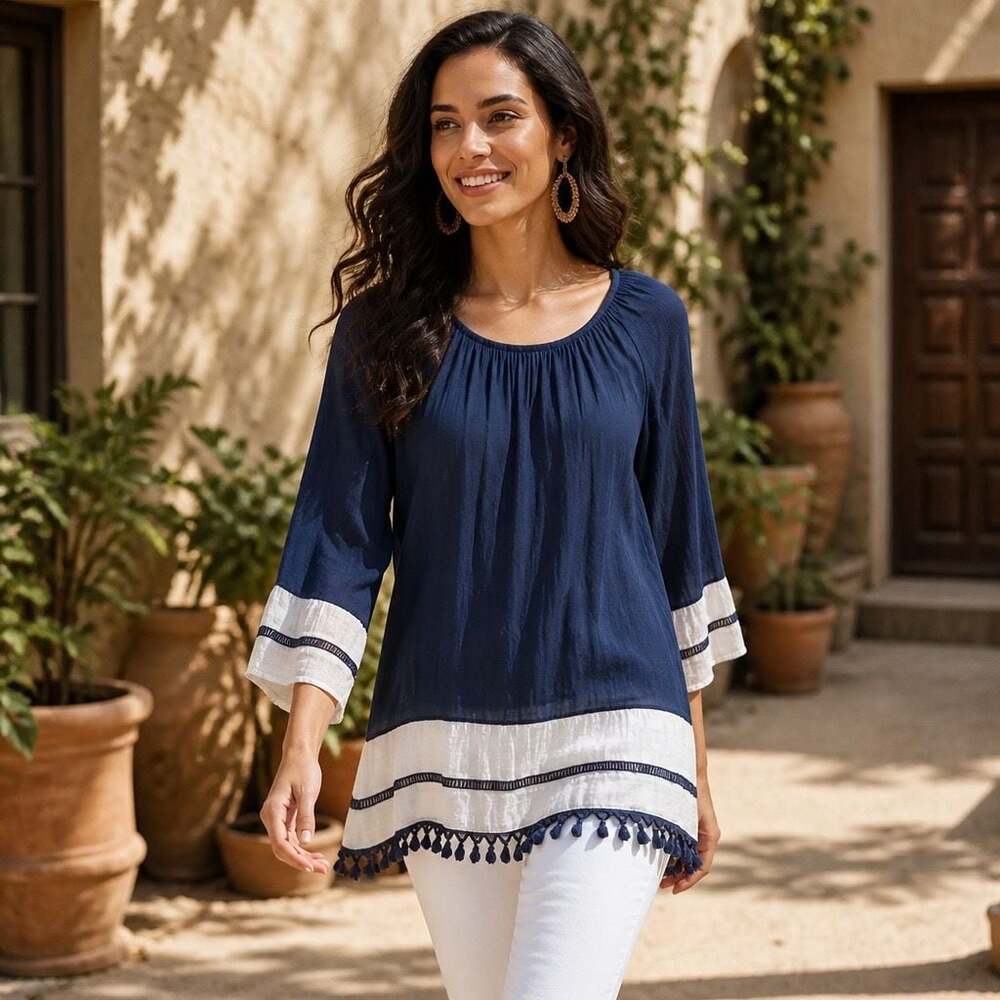 Indigo Soul Navy Blue and White 3/4 Sleeve Tassel Hem Tunic Top Size L